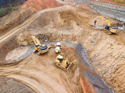 A construction site with bulldozers