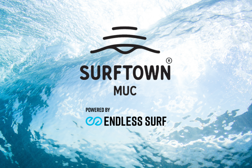 Surftown Munich and Endless Surf logos together underneath a breaking wave