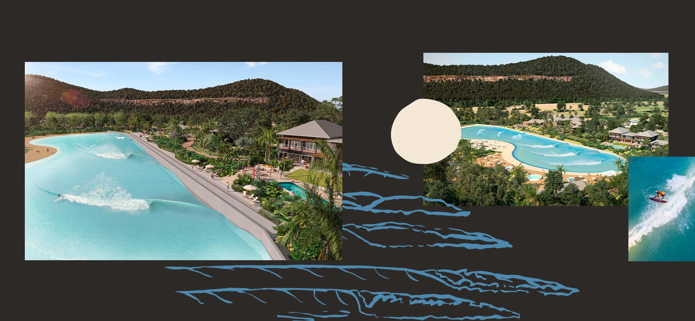 An overhead view into the Sydney surf park at Wisemans