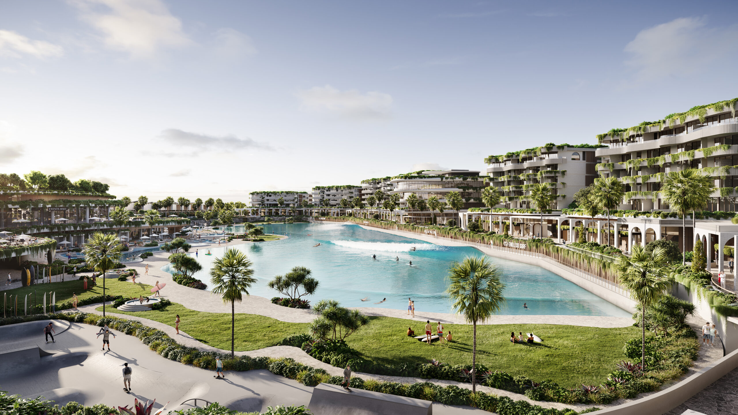 Rednering of an upcoming surf park on Australia's Gold Coast, that will feature innovative wave pool technology Endless Surf